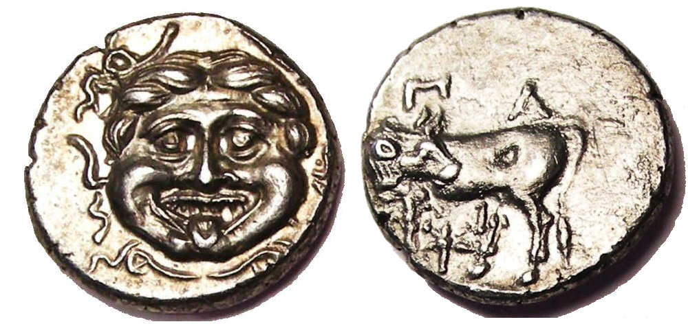 Moneta greca di Mysia con una Gorgone 